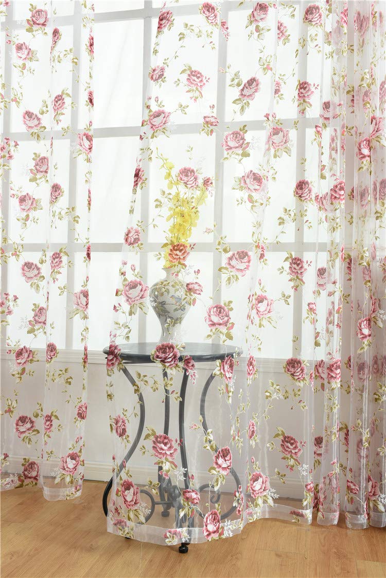 Kolachic Rod Pocket Top Rose Floral Sheer Voile Curtain, Pink Flower Tulle Transparent Window Treatment for Living Room Bedroom Glass Door, 54 by 84 Inch Each,1 Set of 2 Panels â€¦ - Image 2